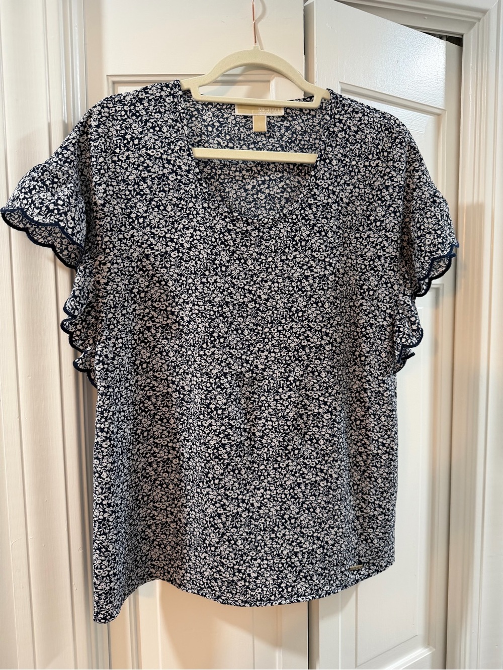 Michael Kors Navy and White Floral Ruffle Sleeve Blouse